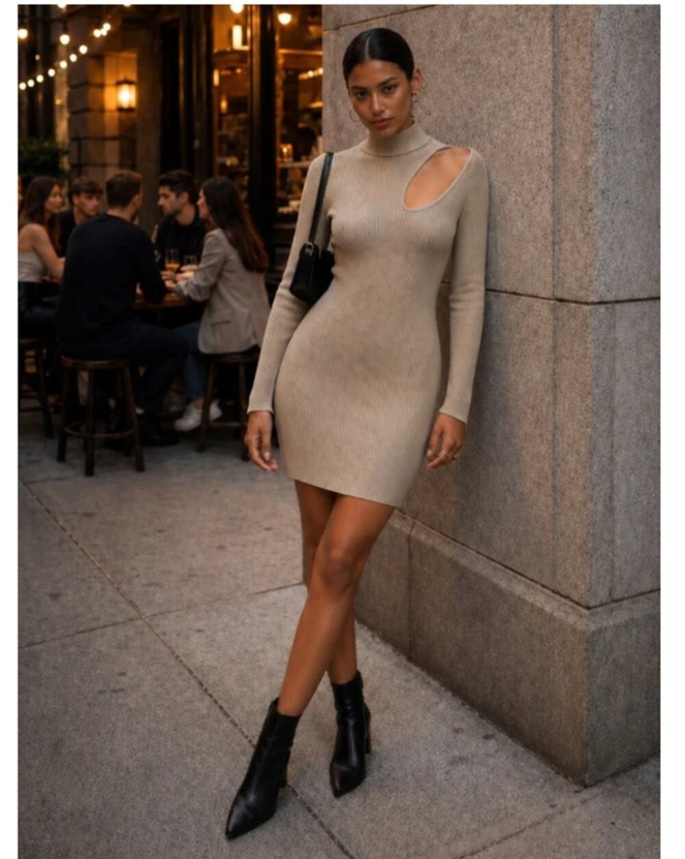 Zara Ribbed Bodycon Mock Neck Cutout Long Sleeve Mini Dress Medium Taupe